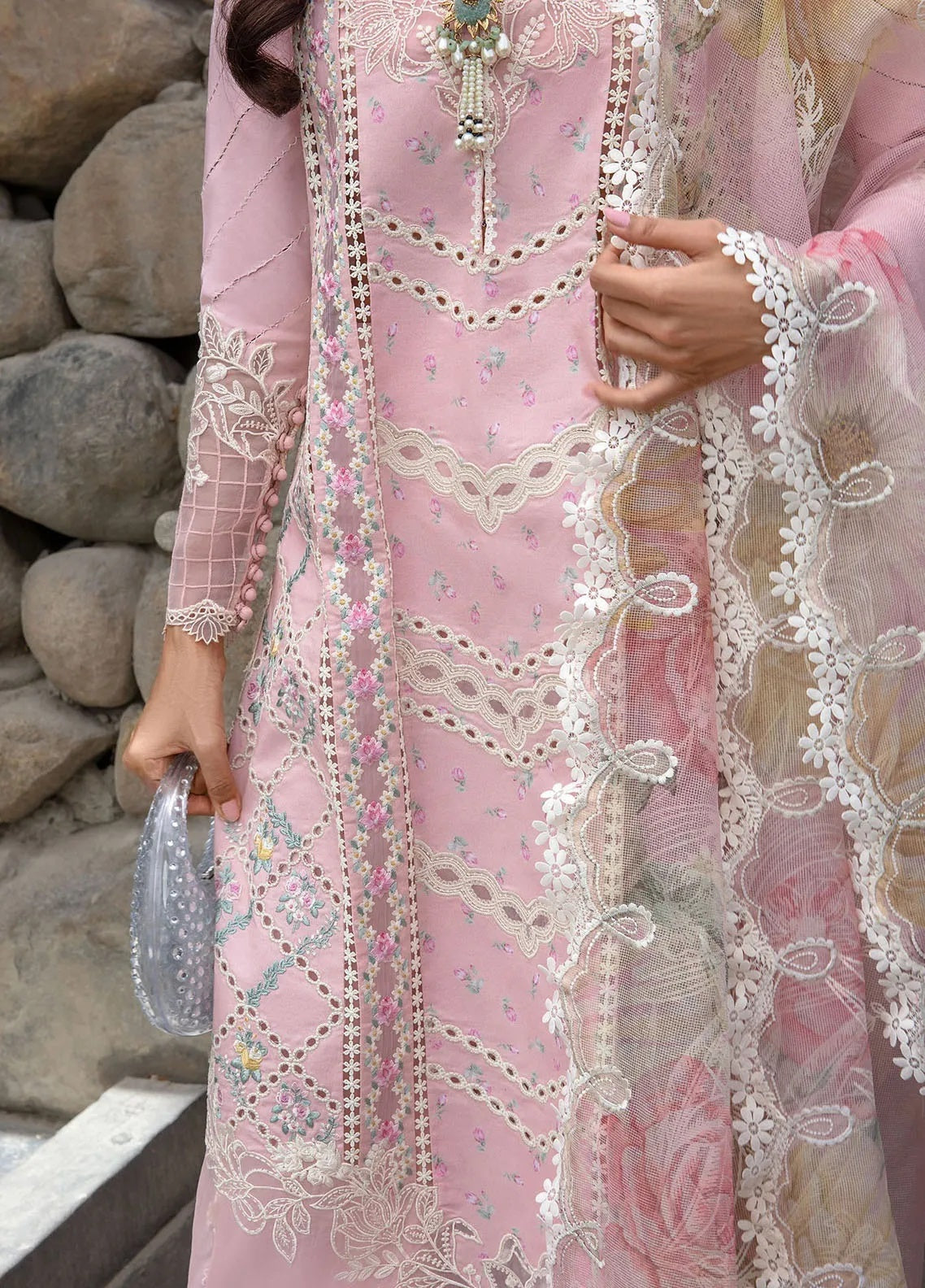 Crimson Luxury Lawn Embroidered 3 Piece Unstitched A Floral Mesh - Rose Pink