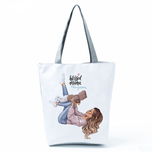 Cute Cartoon Super Mama Print Tote Bag Travel Shoulder