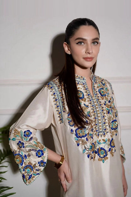 Alizay Saad Luxury Raw Silk Embroidered 3 Piece Unstitched - Ivories Festive