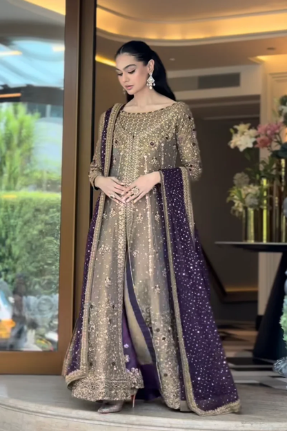 Haris Shakeel Luxury Formals Hand Embellished Addawork Wedding Collection - Tobbaco & Purple