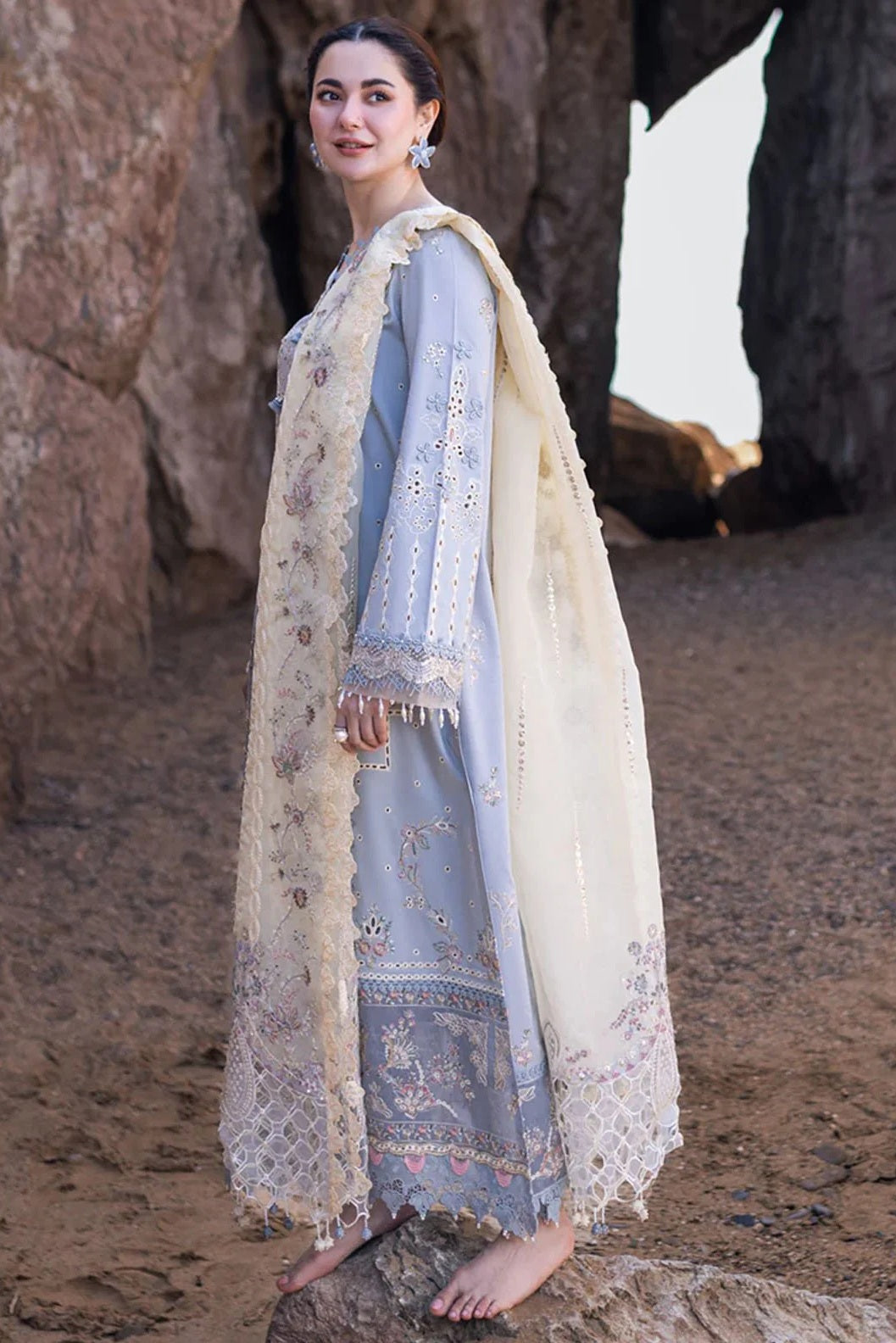 Qalamkar - Saahil Kinaare - Lawn Chikankari Unstitched 3Pcs - Firuze