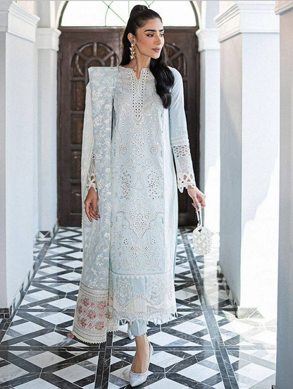 Qalamkar Luxury Lawn ChikenKari Embroidered 3 Pc Unstitched Sky Blue