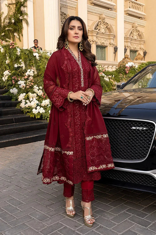 Azure Embroidered Chiffon Suits Unstitched 3 Piece VIBRANT RUBY - Luxury Collection
